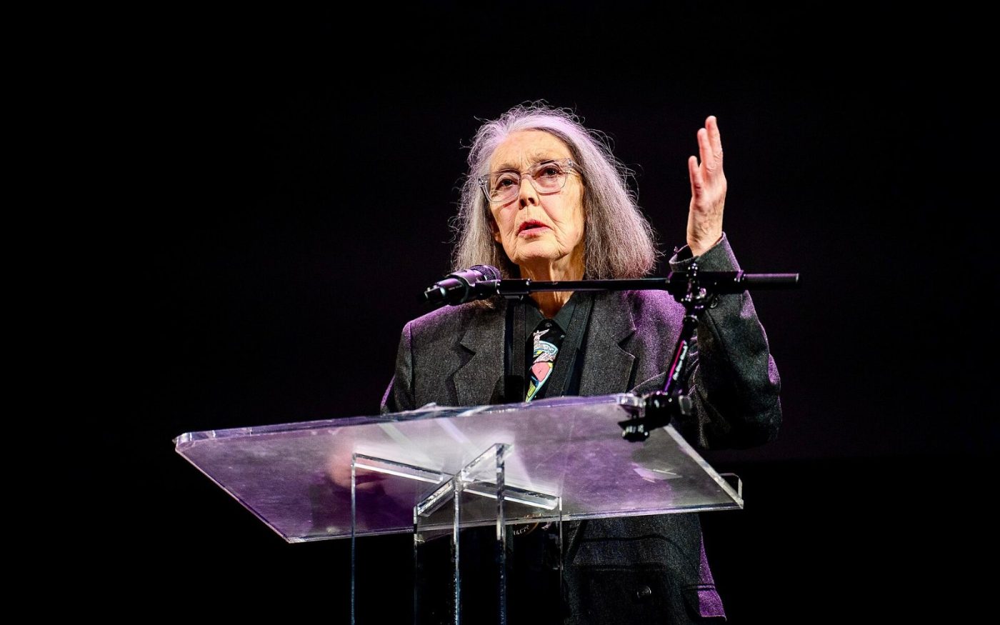 Canadian poet Anne Carson at a 2024 National Book Awards finalist reading