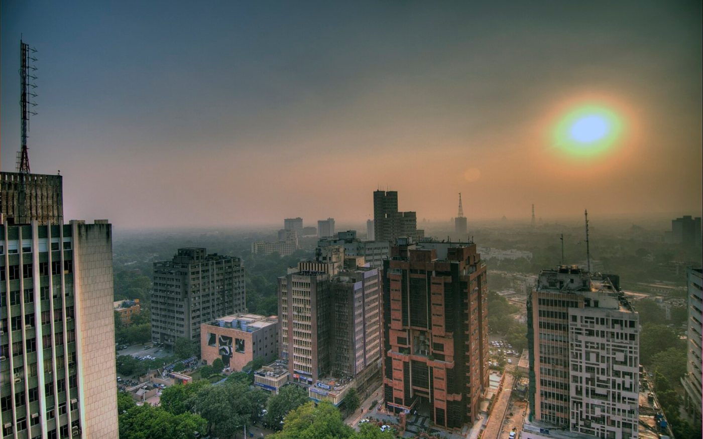 Haze and smog over buildings in Delhi, India