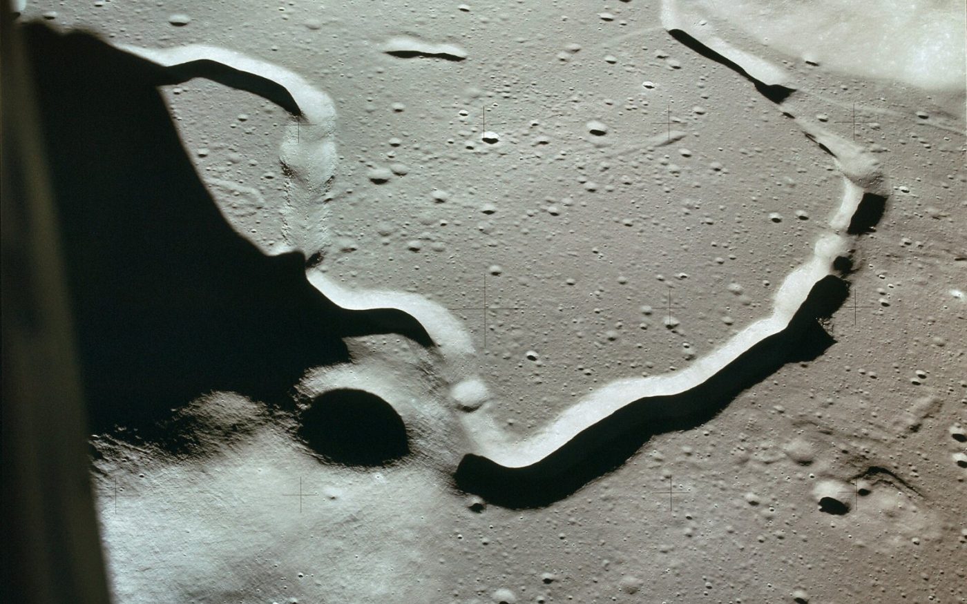 Hadley Rille and the Apennine Mountains on the Moon, photographed from orbit during Apollo 15