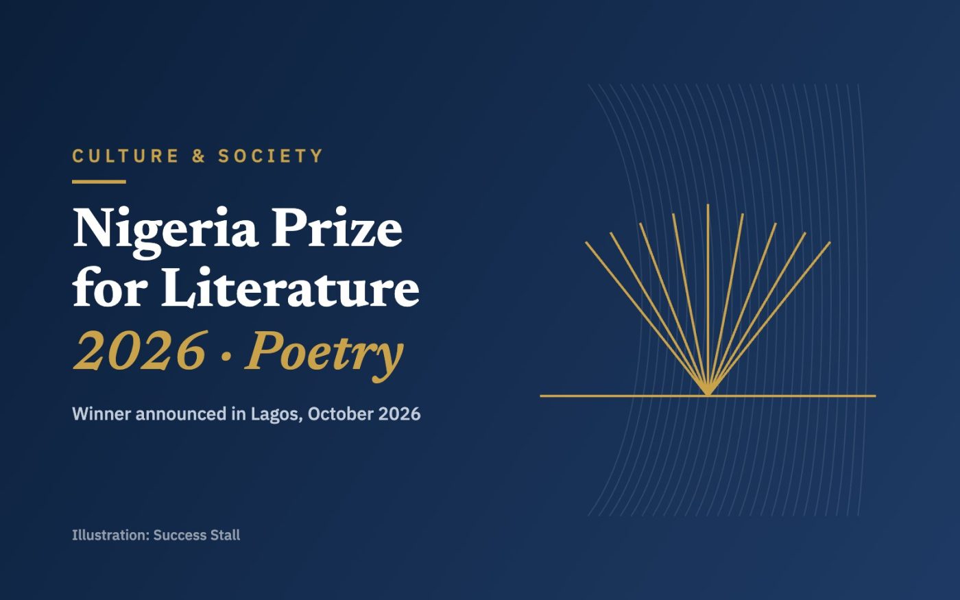 Typographic illustration reading “Nigeria Prize for Literature 2026 · Poetry” with a gold open-book motif on navy