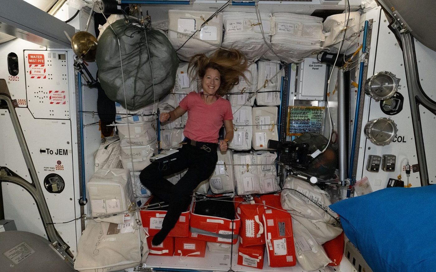 ESA astronaut Sophie Adenot during cargo stowage work aboard the International Space Station